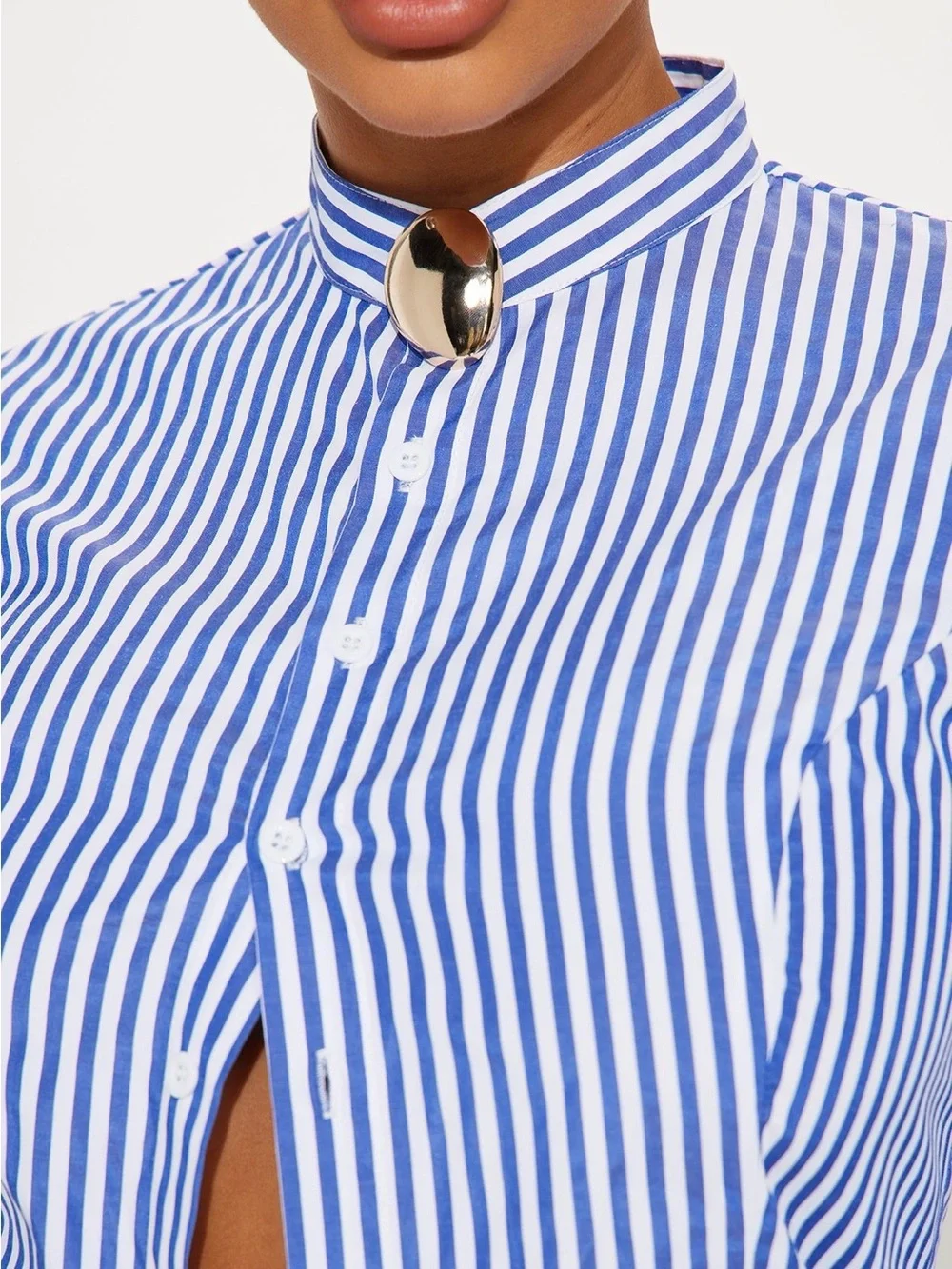 Striped Blue & White Button-Front Maxi Shirt Dress and Matching Pant Set - Picture 3 of 4